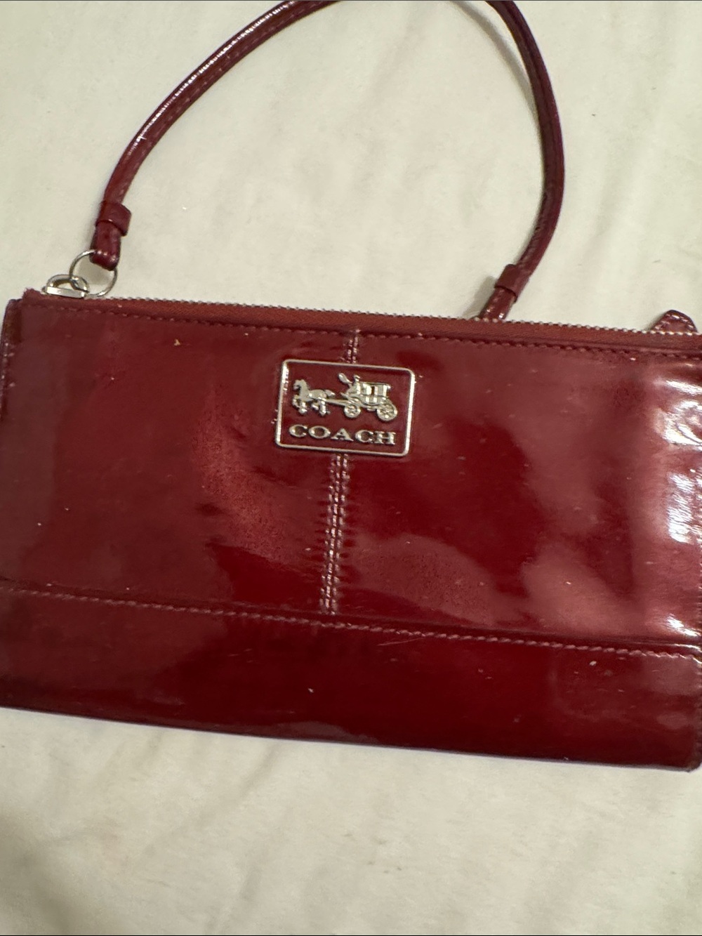 Coach Red Patent Leather Wristlet with Logo Plaque
